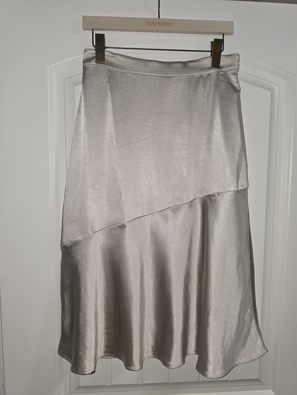 Ann Taylor Asymmetrical Satin Midi Skirt in Light Silver